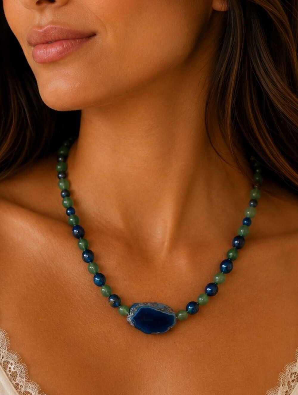 HANDMADE Aventurine and Agate Beaded Collar Necklace